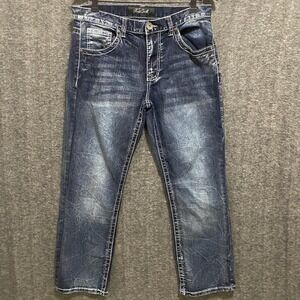 True Luck Jeans Mens 32x30 Blue Dark Wash Whiskered Contrast Stitch Embroidered‎